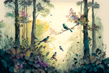 Wallpaper Of A Natural Landscape Of Rainforests Of Trees And Palms, In Consistent Colors With Birds, Butterflies, Parrots And Flamingos, Digital Drawing In Watercolors.