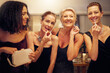 Beauty, makeup and friends in bathroom at event, girlfriends getting ready in mirror for party or opera concert. Cosmetics, diversity and women at theater, fashion show or celebration at luxury venue