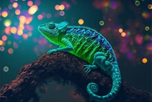 Green Color Chameleon. 3D Rendered Close Up Of A Green Colored Chameleon. Generative Ai.