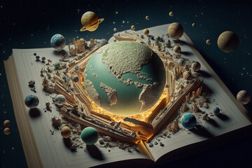 Wall Mural - Open book revealing Solar system and universe. Generative AI