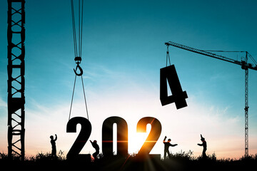 Wall Mural - silhouette of construction worker with crane and cloudy sky for preparation of welcome 2024 new year