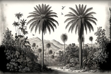 Wallpaper Tropical Jungle With Valleys, An Oasis Of Palm Trees, Mountains With Birds With A Black And White Background.