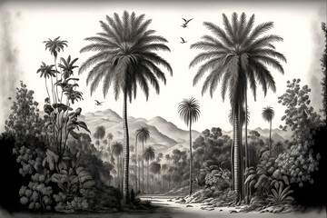 wallpaper tropical jungle with valleys, an oasis of palm trees, mountains with birds with a black an