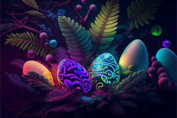 illustration of glow neon eggs in tropics rain forest . AI