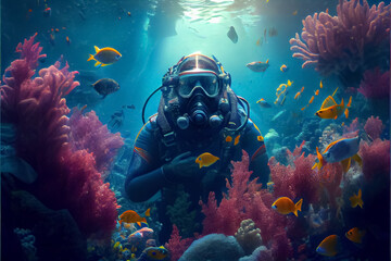 illustration of underwater world with diver and coral reefs. AI