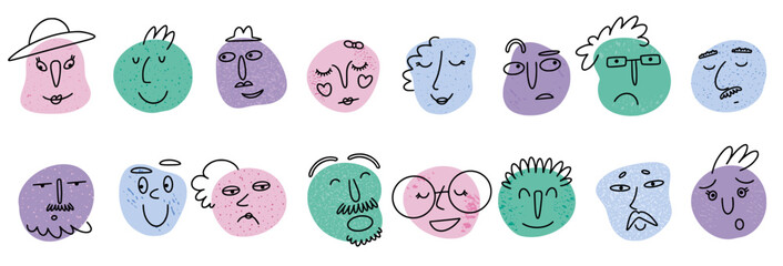 Poster - Line face characters, colorful people smile. Funny human profile, doodle sketch, cute man person in glasses. Abstract forms portrait. Comic fun eyes, noses and mouth. Vector cartoon icons