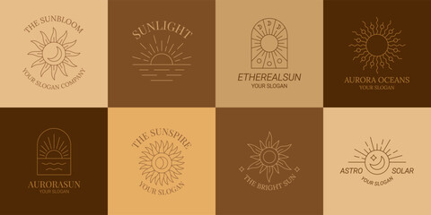 Wall Mural - sun boho logo. bohemian sun icons, minimal rays. boho style, yoga line isolated elements, sunset and