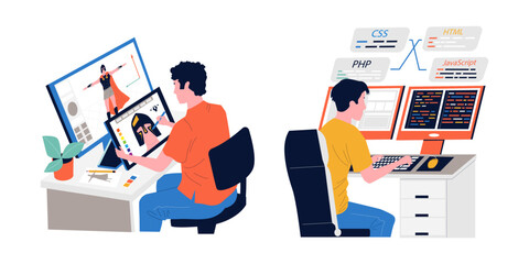 Leinwandbilder - Game development. People programming or coding video gaming script. Freelance occupation. Men working with computer. Programmers creating play characters. Developers job. Vector concept