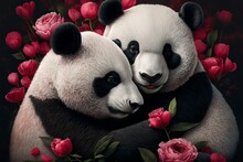 Valentine's Day Rose Cuddling Giant Panda Couple (generative AI)