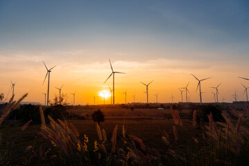 Field of wind turbines on the hill at sunset To produce clean, environmentally friendly and sustainable electricity