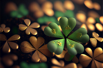 Aufkleber - Beautiful Festive background with shining clover shamrocks and golden bokeh. St. Patrick's Day backdrop.	

