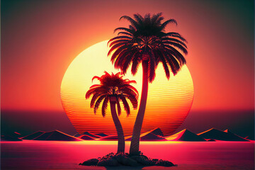 Aufkleber - Beautiful Two palm trees on a sunset 80s retro sci-fi style. Summer time. Futuristic sun retro wave. Design for advertising brochures, banners, posters, travel agencies.