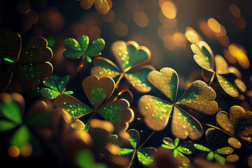 Aufkleber - Beautiful Festive background with shining clover shamrocks and golden bokeh. St. Patrick's Day backdrop.	