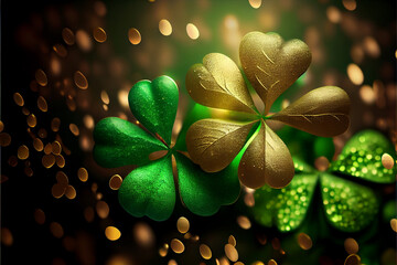 Aufkleber - Beautiful Festive background with shining clover shamrocks and golden bokeh. St. Patrick's Day backdrop.	
