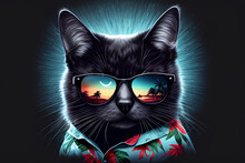 Cool Cat Wearing Hawaiian Shirt And Wearing Sunglasses With Generative AI