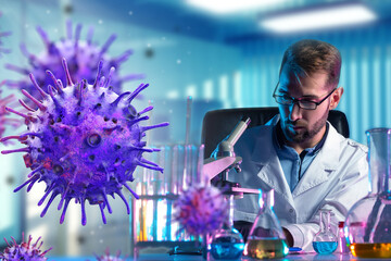 Poster - man biologist studies bacteria. molecules dangerous virus near scientist. research pathogenic viruse