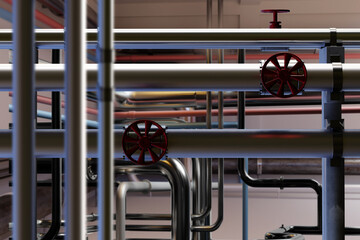 Poster - pipeline inside oil refinery. pipes of different diameters in industrial building. pipes with valves