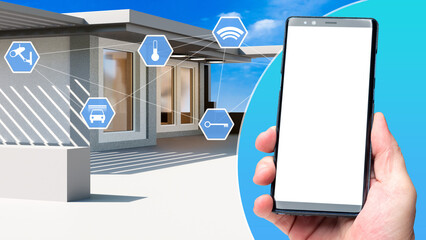 Poster - Phone in blank screen in hand. Cottage equipped with Smart Home system. Smart home icons near smartphone. Phone template with place for application. Modern house with IOT technology. Smart home app