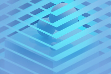 Poster - Geometric background. Grid of lines over balls. Blue background for your design. Simple geometric texture. Pattern with blue neon glow. Abstract 3d background. Wallpaper, backdrop. 3d image.