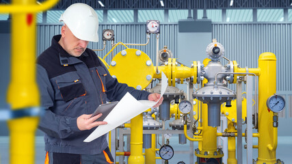 Poster - master in setting up oil and gas equipment. man near compressor station. specialist with tablet and 