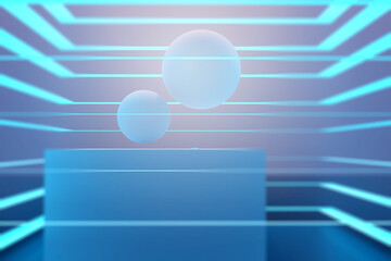 Poster - Blue geometric background. Volumetric balls in weightlessness. Blue lines and geometric shapes. Stylish modern background for design. Minimalistic desktop wallpaper. Art blurred. 3d rendering.