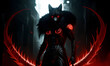 fox with black fur covered with blood  demonic eyes dark and gloomy glowing vibrant eyes of fire translucent neon anatomic generated by generative ai