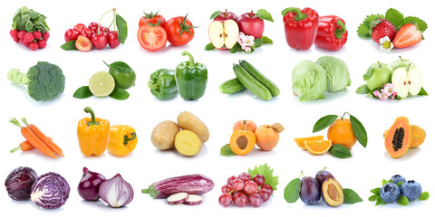 Wall Mural - Fruits and vegetables collection isolated on white banner with apple tomatoes orange lettuce fresh fruit