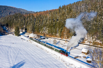 Wall Mural - Pressnitztalbahn steam train locomotive railway aerial view in winter in Schmalzgrube, Germany