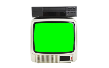 Wall Mural - Old white vintage TV with green screen to add images and VCR 1980s, 1990s, 2000s isolated on white background.