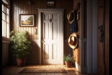 Wall Mural - Country interior style hallway with entrance door and potted plants and hanged hats