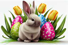 Easter Bunny With Eggs And Tulips Created With AI