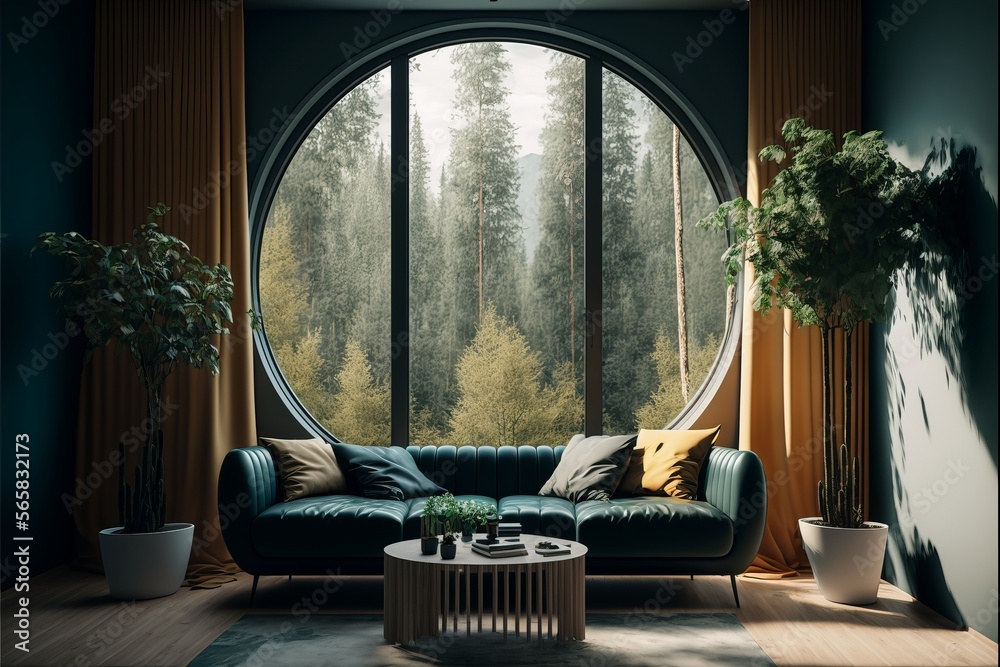 Stunning interior with a large panoramic window overlooking the forest ...