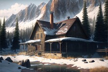 Cozy And Rustic Cabin In The Mountains, Created With Generative AI Technology