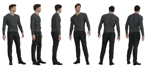 3D Render : full portrait of a male model is standing and wearing the formal casual styles outfit, with  different angle view, PNG transparent
