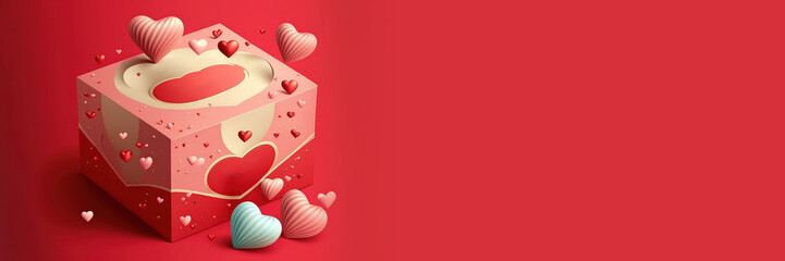 Wall Mural - Happy Valentine's Day Poster or banner with sweet hearts and gift box on red background.Promotion and shopping template or background for Love and Valentine's day concept stock illustration