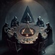 Illuminati, Secret Society on a round table making moves for the world, black cloaks, Dungeon,-  Generative AI