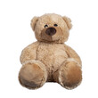 Cute new light brown toy teddy bear sitting facing front. Isolated cutout on transparent background.