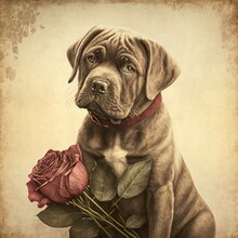 Dog And Flower In Vintage Tone. Valentine Day Theme. Pet Lover Illustration. Happy Valentine Day.