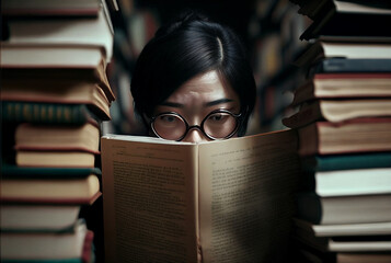 Illustration of young asian woman reading a book in library looking at camera. Culture, education, student, knowledge. Generative AI