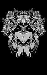 skull girl with chain in hand and rose background tattoo design