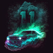 boys eleventh 11th birthday glowing number 11 behind muscle car surrounded by green clouds of smoke, vector art style, black background generative ai
