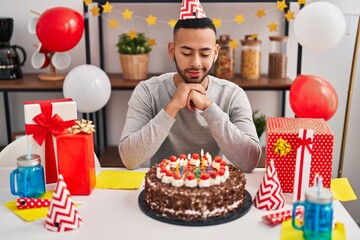 Poster - African american man having wishing celebrating birthday at home