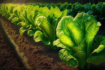 Wall Mural - Stalks of Lettuce in a Garden Bed Generative AI
