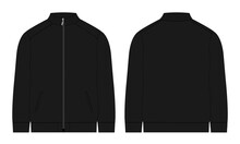 Long Sleeve Zipper With Pocket Tracksuits Jacket Sweatshirt Technical Fashion Flat Sketch Vector Illustration Black Color Template Front And Back View. 