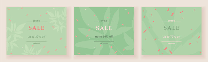 Set of web templates for spring sale. Vector illustration in pastel green colors with botanical and abstract elements.