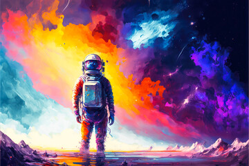 Wall Mural - abstract image of an astronaut, cosmonaut in a space suit on the other planet. generative ai
