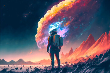 Wall Mural - abstract image of an astronaut, cosmonaut in a space suit on the other planet. generative ai