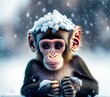 Cute Monkey Freezing Outdoors on Cold Winter Day, Generative AI Illustration