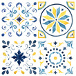 Watercolor Mediterranean tiles set of blue and yellow elements. Hand painted traditional illustration isolation on white background for design, print, fabric or background.