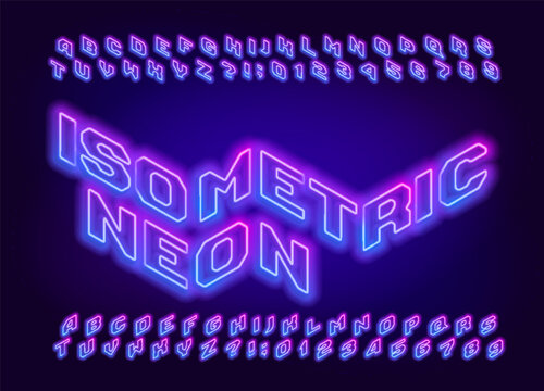 Isometric Neon alphabet font. Bright neon colors letters and numbers. Stock vector typescript for your design.